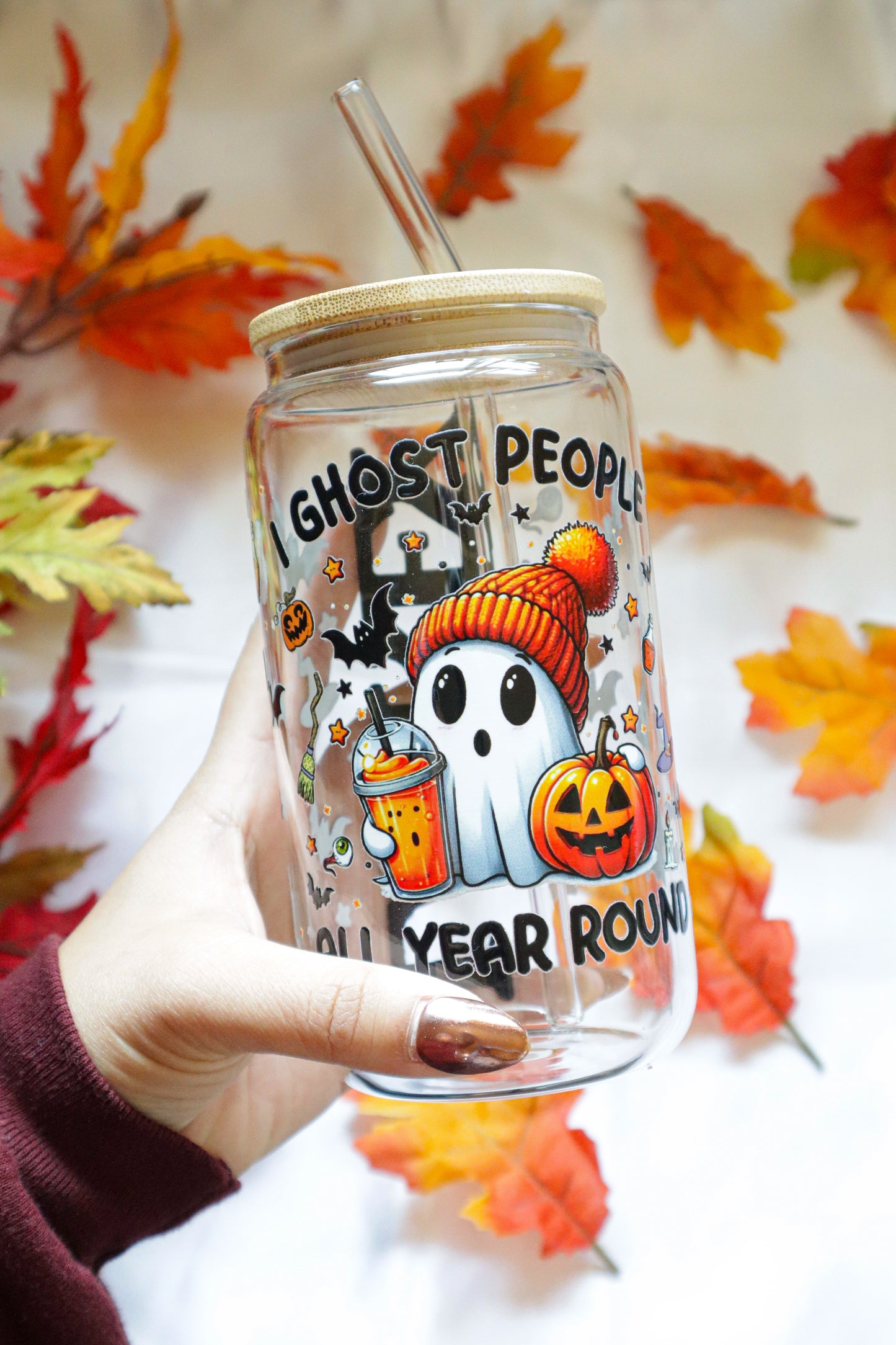 "I GHOST PEOPLE ALL YEAR ROUND" 16 OZ GLASS CUP