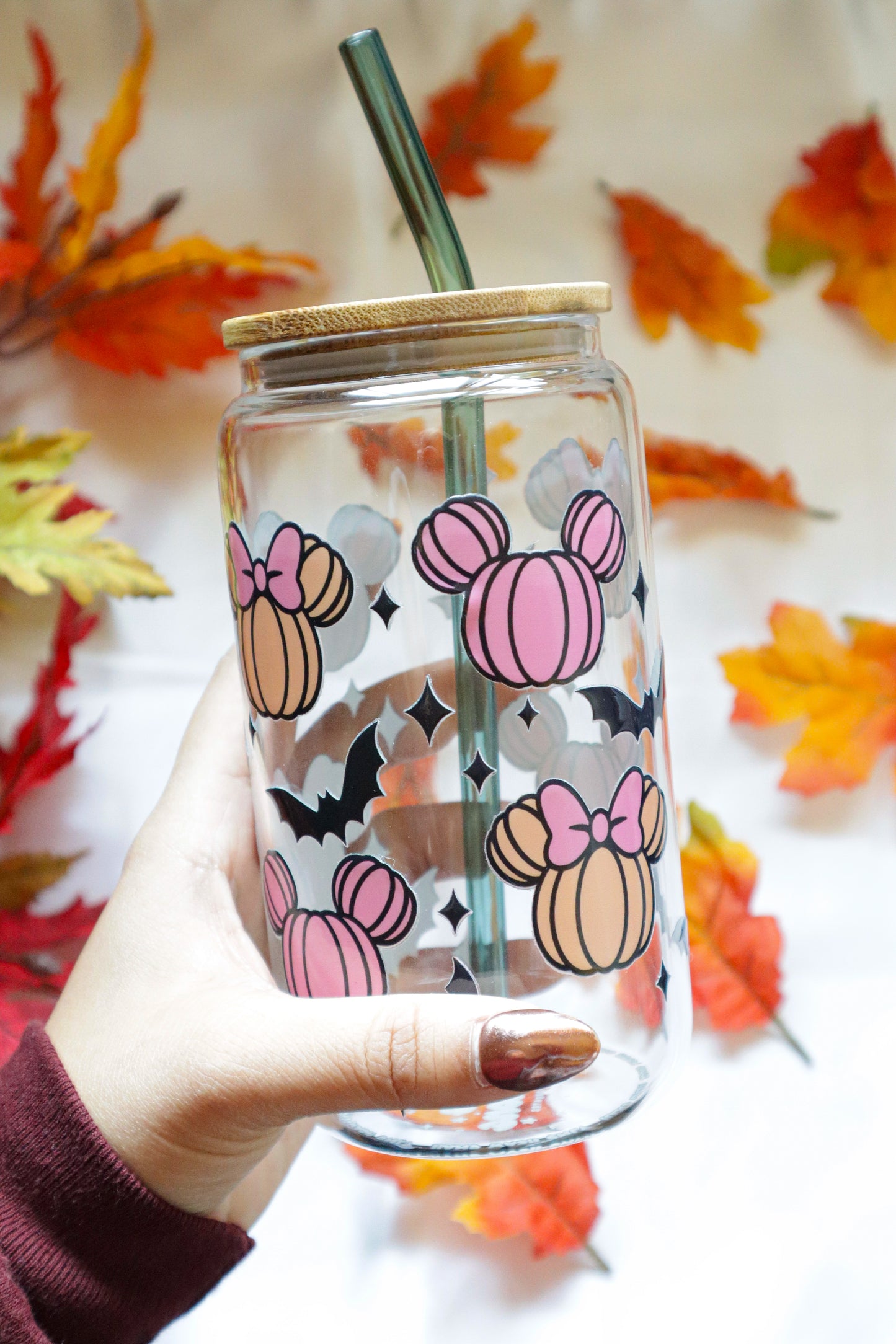 PUMPKIN BOWS 16 OZ. GLASS CUP